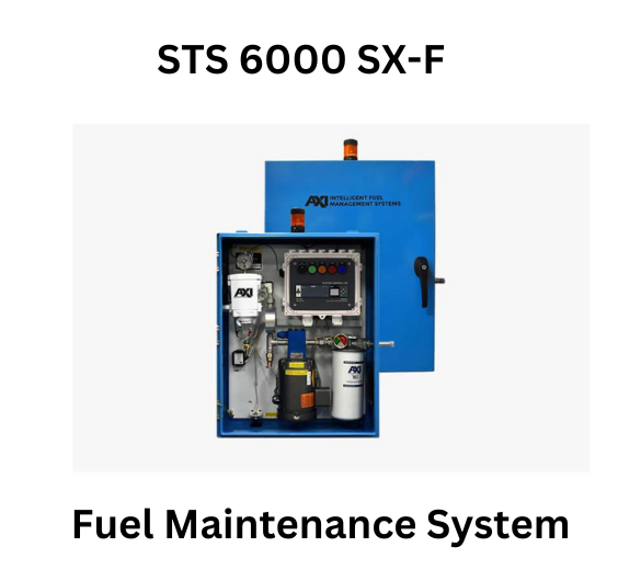 STS 6000 SX-F Fuel Maintenance System by AXI Intelligent Fuel Management Systems, featuring a blue control box with various components and indicators